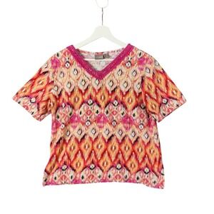 Chico's Colorful Top Crochet Trim V-Neck Short‎ Sleeve Blouse Women SZ 2 US L